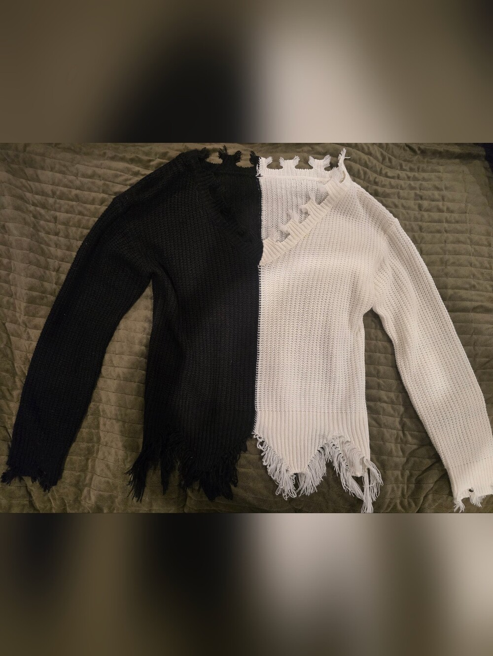 Black and White Distressed V‑Neck Sweater